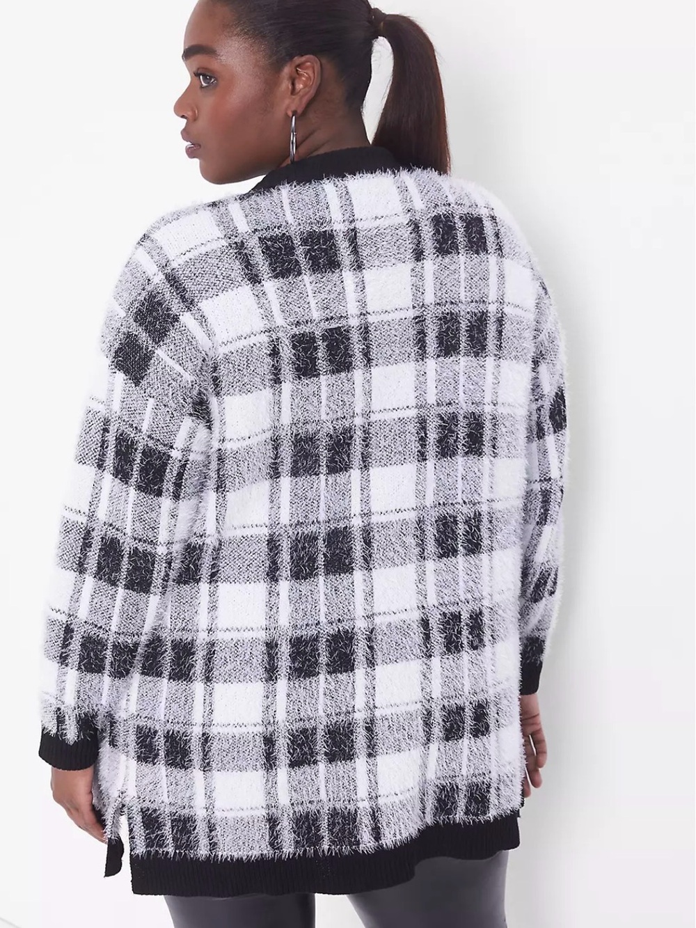 Lane Bryant Open Front Black White Plaid Cardigan Sweater Fuzzy Eyelash Size 4X - Picture 4 of 13